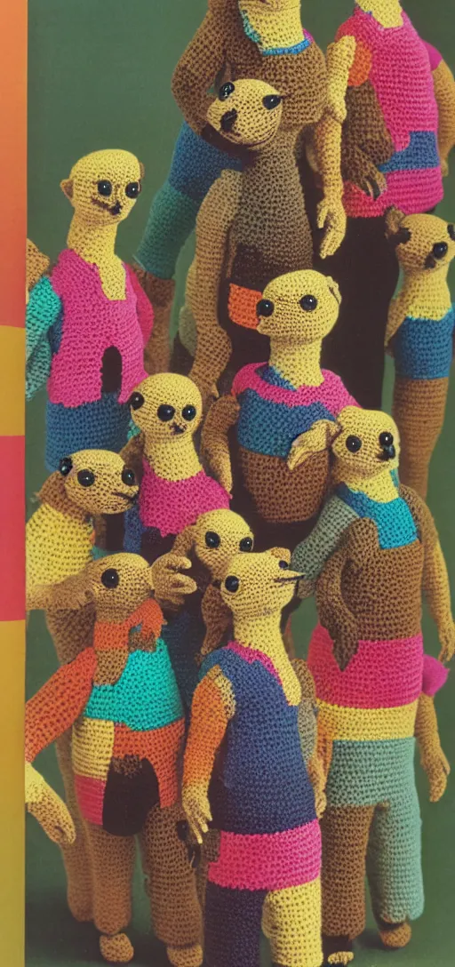 Image similar to multicolored crocheted meerkats, 1 9 8 0 s catalogue photo