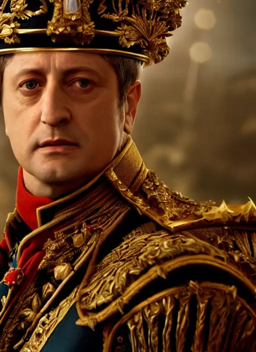 Image similar to zelensky as emperor napoleon in elden ring, splash art, movie still, cinematic lighting, dramatic, octane render, long lens, shallow depth of field, bokeh, anamorphic lens flare, 8 k, hyper detailed, 3 5 mm film grain