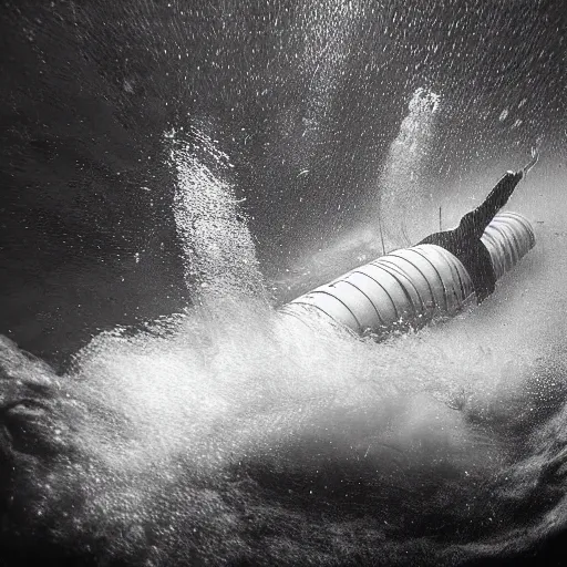 Prompt: Underwater photograph of a man swimming away in panic, being chased by a perry submarine, digital art