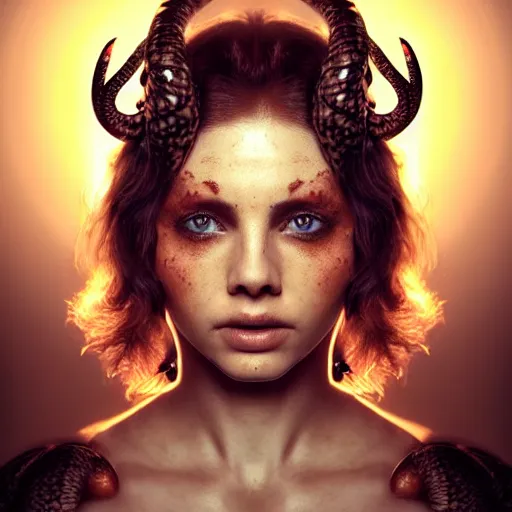 Prompt: closeup portrait of a woman with intense eyes and horns!!! and snakes!!! attached to her head, closeup, studio lighting, backlit, golden hour, trending on artstation, spectacular photo, popular photo