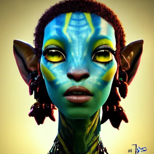 Prompt: An epic fantasy comic book style portrait painting of a very beautiful Nafi Thiam as Neytiri in Avatar (2009) character design by Mark Ryden and Pixar and Hayao Miyazaki, unreal 5, DAZ, hyperrealistic, octane render, cosplay, RPG portrait, dynamic lighting, intricate detail, summer vibrancy, cinematic