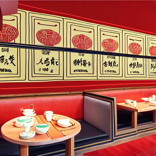 Image similar to a beautiful hyperdetailed interior 4 k hd wallpaper illustration of roasted string hotpot restaurant restaurant yan'an, corner, simple style, wall painting, from china, with merchant logo, simple structure, surrealistic, chinese style, victo ngai