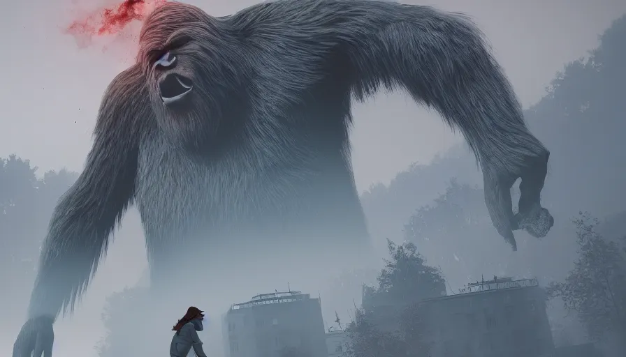 Image similar to giant bigfoot destroying wahsington dc, fire, ashes, collapsing, fog, grey sky, smoke, buildings, hyperdetailed, artstation, cgsociety, 8 k