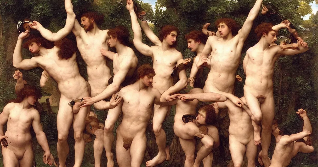 Image similar to large group of pre-Raphaelite muscular athletic male gamers wearing headsets!!!!! holding laptops!!!! playstation!!! x-box! and PC by Bouguereau and raphael