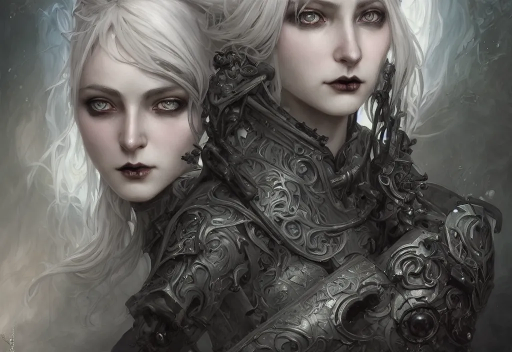 Prompt: beautiful and gothic and evil and dieselpunk young medieval light grey hair female knight + smoky eyes + front face with light flowing hair, ultradetail face, art and illustration by tian zi and craig mullins and wlop and alphonse mucha, fantasy, intricate complexity, human structure, human anatomy, fantasy character concept, watermark, blurry, hyperrealism 8 k