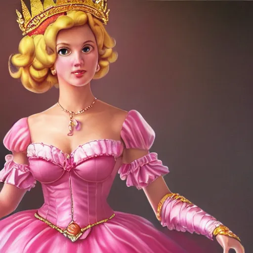 Image similar to An ultra realistic portrait painting of Princess Peach wearing his pink dress and golden tiara, 4k, Ultrarealistic, Highly Detailed, Dark Fantasy, Epic Lighting