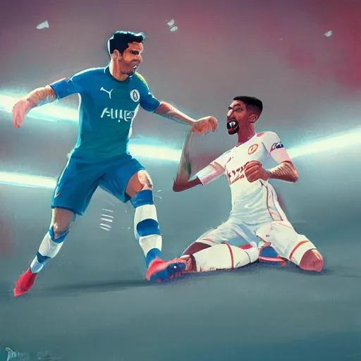 Image similar to mikel arteta spoon feeding gabriel jesus at the emirates, style of by jordan grimmer and greg rutkowski, crisp lines and color,