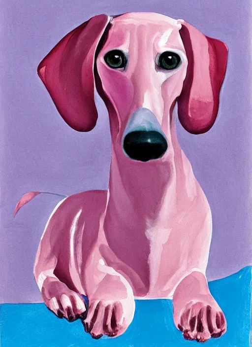 Image similar to Pink and Blue dachshund, painted by Georgia O'Keeffe, very detailed, with folds, 8k