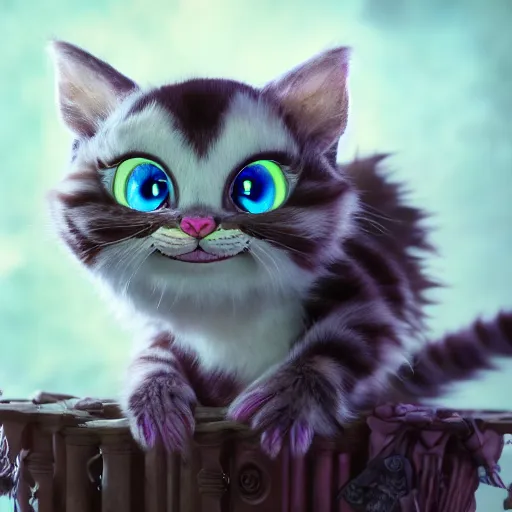 Prompt: full body pose, hyperrealistic photograph of the cheshire cat as a cute kitten, dim volumetric lighting, 8 k, octane beautifully detailed render, extremely hyper detailed, intricate, epic composition, cinematic lighting, masterpiece, trending on artstation, very very detailed, stunning, hdr, smooth, sharp focus, high resolution, award, winning photo, dslr, 5 0 mm