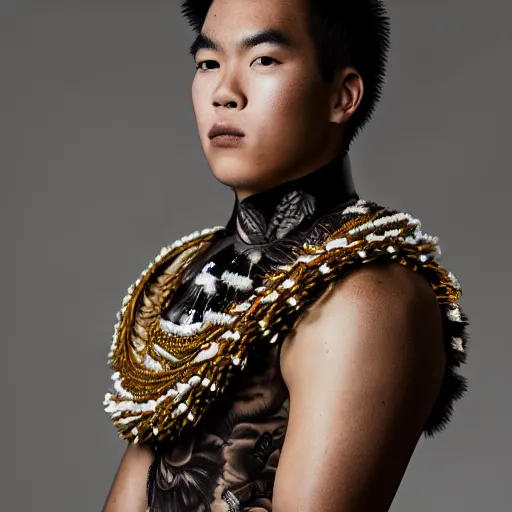 Prompt: a portrait of a beautiful young hawaiian male wearing an alexander mcqueen armor , photographed by andrew thomas huang, artistic