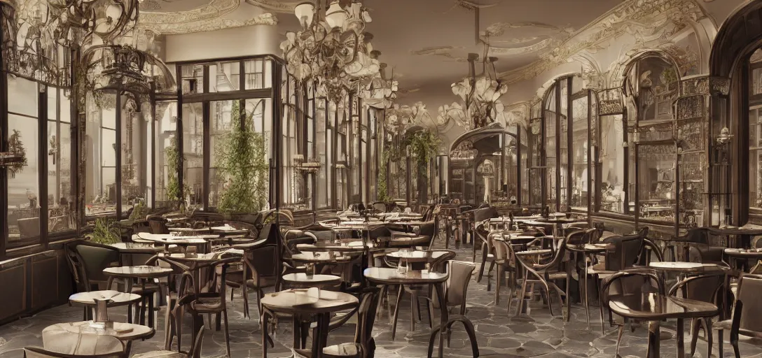 Image similar to a photorealistic render of a parisian cafe at lunch time but all the chairs look like the iron throne, cafe customers, fancy french waiters, ultra detailed face, 8 k, artstation, volumetric lighting, smooth, highly detailed, octane render, by andres rocha and albert bierstadt and greg rutkowski