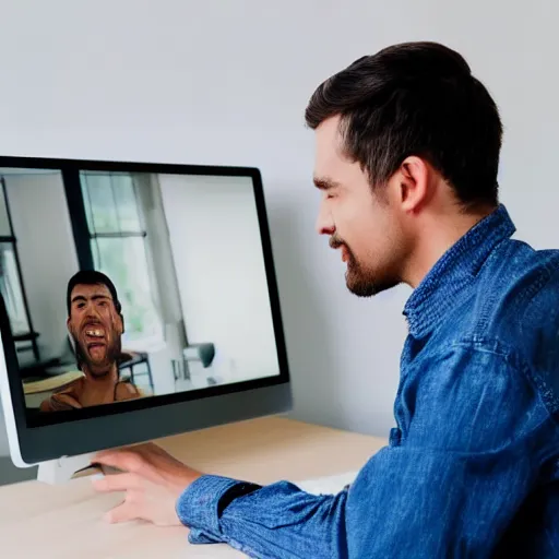 Prompt: photo of man looking at his computer screen, on his computer screen there is an image of a crying laughing emoji