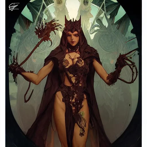 Image similar to Demon Knight of Death, by Artgerm and Greg Rutkowski and Alphonse Mucha