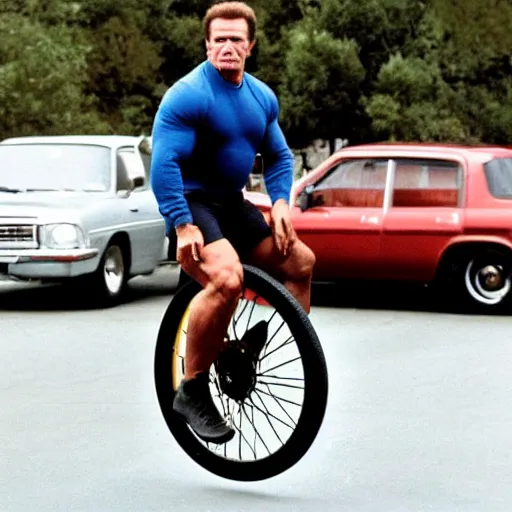 Prompt: a photo of arnold schwarzenegger riding a unicycle