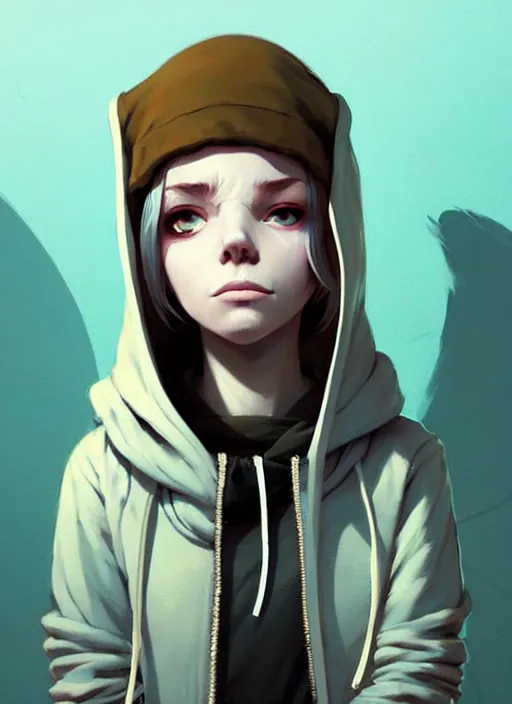 Image similar to highly detailed portrait of a sewer punk swedish young lady, hoodie, white hair by atey ghailan, by greg rutkowski, by greg tocchini, by james gilleard, by joe fenton, by kaethe butcher, gradient light blue, blonde, brown, cream and white color scheme, grunge aesthetic!!! ( ( graffiti tag wall background ) )