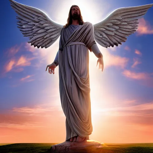 Image similar to gigantic biblical depiction of an angel towering over a vast landscape, cinematic, realistic, geometric body, photorealistic, detailed, white body, global illumination, volumetric lighting, 8 k, god rays, beautiful, majestic clouds, soft colors, heavenly lighting