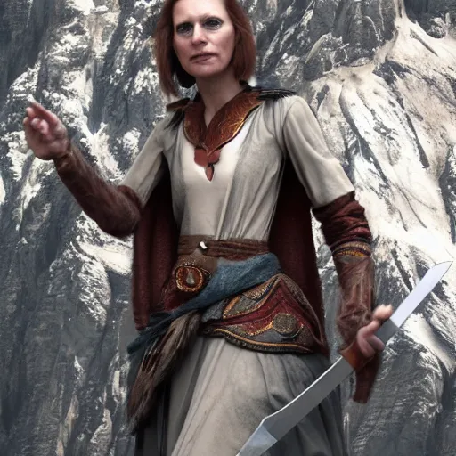 Image similar to a woman with a sword standing in front of a mountain, a character portrait by René Auberjonois, trending on cgsociety, photorealism, reimagined by industrial light and magic, #vfxfriday, anamorphic lens flare