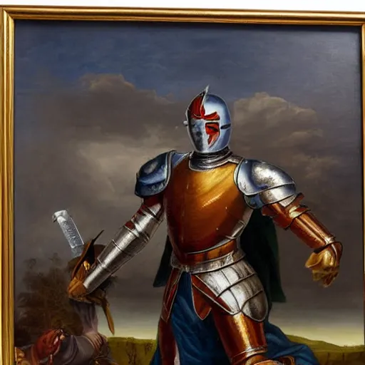 Image similar to a realistic painting by Raffaello Sanzi depicting the knight in shining armor with the head of The Skrull in the Renaissance.