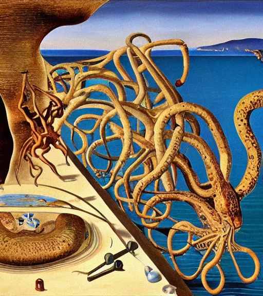 Prompt: a cybernetic realistic Callistoctopus macropus found giving a lecture in a shallow area of the Mediterranean Sea, 9pm in Cap de Creus, oil painting by Salvador Dali