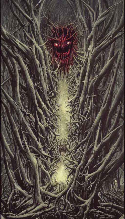 Prompt: a storm vortex made of many demonic eyes and teeth over a forest, by gerald brom,