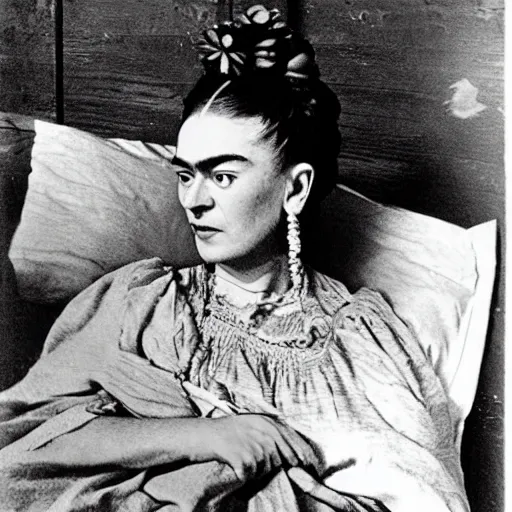 Image similar to frida kahlo is wearing a victorian night gown lying in a hospital bed