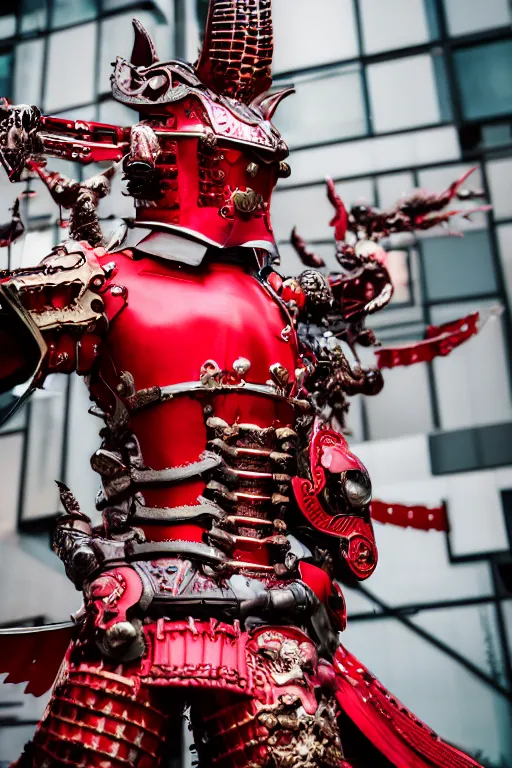 Image similar to photography of a mechanical dragon samurai in red japanese armor taken with Leica M11