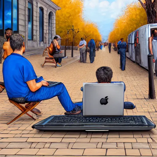 Image similar to a group of realistic bums using laptops near on street, highly detailed, intricate, sharp focus, digital art, 8 k