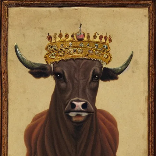 Prompt: a renaissance style portrait of Cattle (Bos taurus) wearing a crown and a cape, dark background