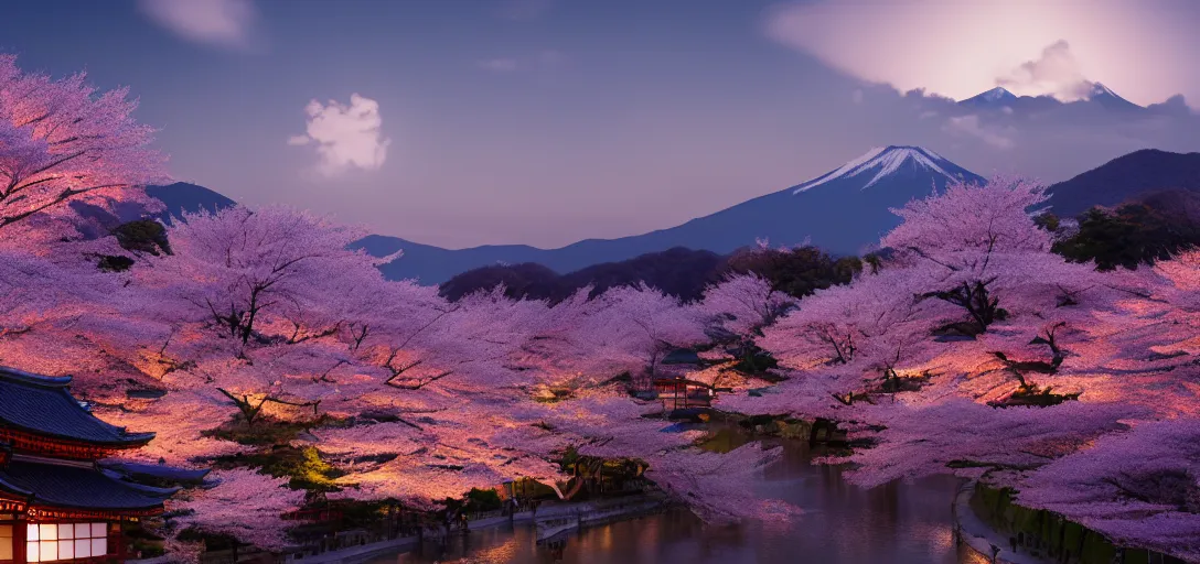 Image similar to very beautiful view of an ancient japanese city at dusk, large temples, cherry blossom trees, mountains in the background, calm clouds, cinematic lighting, ultra detailed, sharp, ambient occlusion, raytracing, by greg rutowski, paul chadeisson and jessica rossier