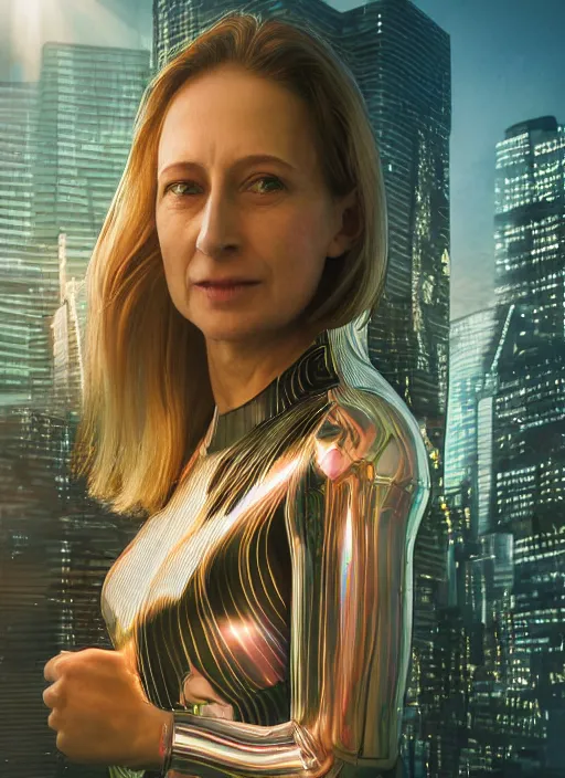 Prompt: hyper realistic and detailed closeup photo of a female android with segmented iridescent translucent panels with sunset over a futuristic city behind her by annie leibovitz