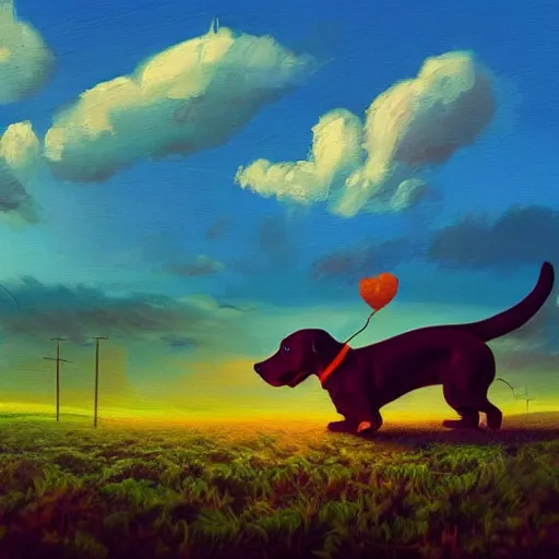 Prompt: a dachshund, surreal photography, cannabis field, sunset on a summer day light, impressionist painting, colorful clouds, blue sky, digital painting, artstation, simon stalenhag