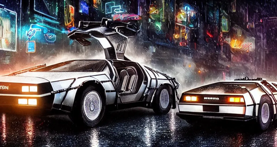 Image similar to a 2 8 mm closeup photo of a tela tron neon delorean back to the future car on wet city street at night, intricate, hyper detailed, smooth, high contrast, neon, volumetric lighting, octane, moebius, greg rutkowski, blade runner, ripley scott, mad max, cindmatic