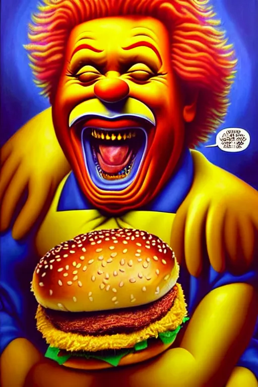 Image similar to a hyperrealistic painting of an epic boss fight ronald mcdonald vs burger king cinematic horror by chris cunningham, lisa frank, richard corben, highly detailed, vivid color,