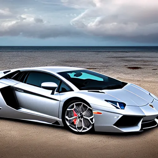 Prompt: A beautiful silver Lamborghini aventador on the beach, 8k, realistic reflection