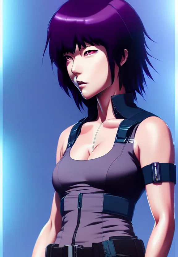 Image similar to a fullbody portrait of motoko kusanagi the major ghost in the shell : : stand alone complex, under repairs, maintenance : : by ilya kuvshinov, rossdraws, artgerm, sola digital arts, anti aliasing, raytracing : :