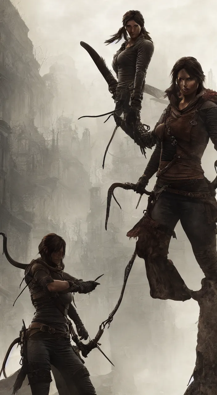 Image similar to lara croft in Bloodborne world, concept art, 8k