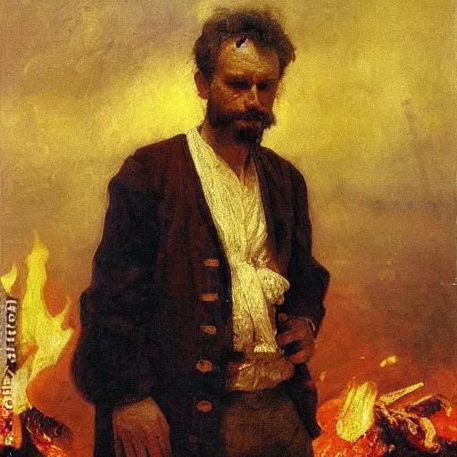 Image similar to high quality high detail painting by ilya repin, man standing in front of huge fire, hd