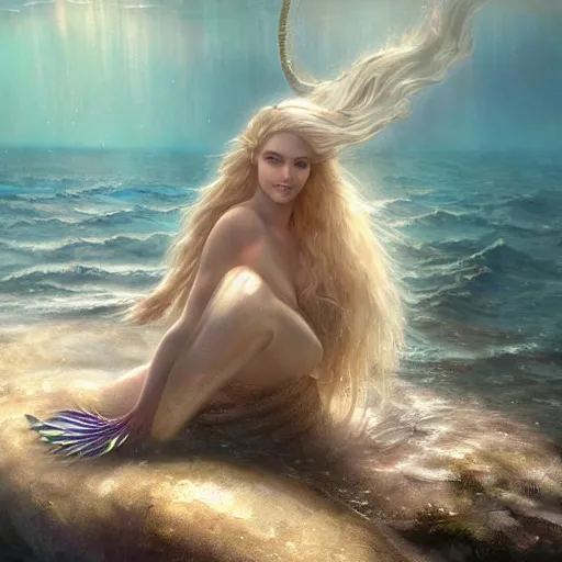 Image similar to High detail painting of a mermaid in a oyster, underwater fantasy world, full body, long blonde hair, blue eyes, fish tail, digital art, highly detailed, Greg Rutkowski, Chris Moore