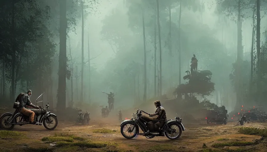 Prompt: a british officer driving a motorcycle alone in 1921 in kerala forest road, local people chasing to attack, furious action scene, chase, an epic fantasy, dramatic lighting, cinematic, establishing shot, extremely high detail, photorealistic, cinematic lighting, artstation, by simon stalenhag, horizon forbidden west