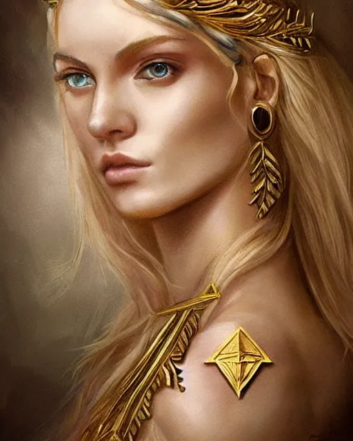 Image similar to tattoo sketch of blonde super model aphrodite greek goddess wearing a gold laurel wreath and triangle earrings, beautiful piercing gaze with sharp pupils, in the style of greg rutkowski, fantasy, amazing detail, epic, elegant, smooth, sharp focus, front view