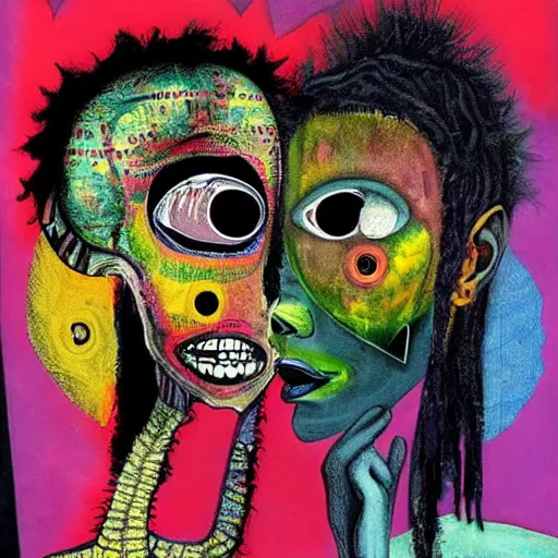 Image similar to beautiful painting of two bizarre psychedelic women kissing each other closeup on an alien planet, speculative evolution, mixed media collage by basquiat and junji ito, magazine collage art, paper collage art, sapphic art, lesbian art