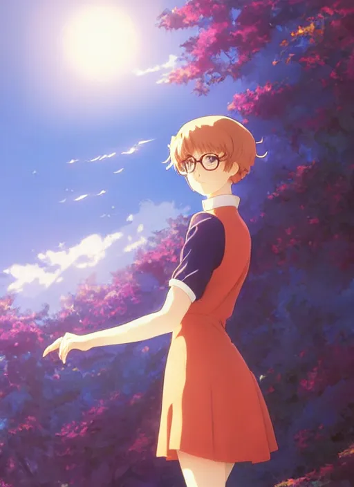 Prompt: Painting of Velma Dinkley in the style of Violet Evergarden, anime style, winged eyelashes, countryside, calm, fantasy character portrait, dark outlines, dynamic pose, above view, sunny day, artwork by Makoto Shinkai, very coherent asymmetrical artwork, sharp edges, perfect face, simple form, 100mm