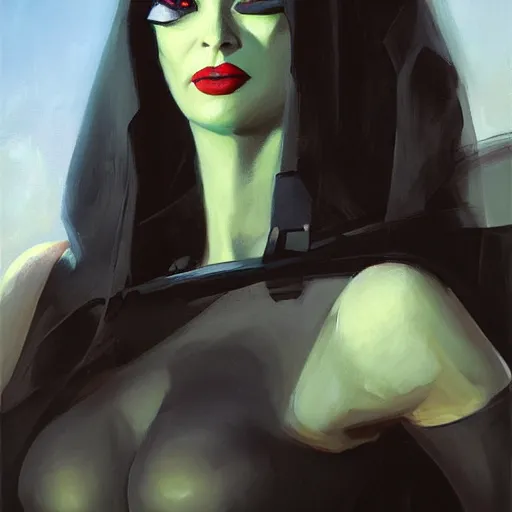 Prompt: greg manchess portrait painting of partially armored morticia from addams family as overwatch character, medium shot, asymmetrical, profile picture, organic painting, sunny day, matte painting, bold shapes, hard edges, street art, trending on artstation, by huang guangjian and gil elvgren and brom