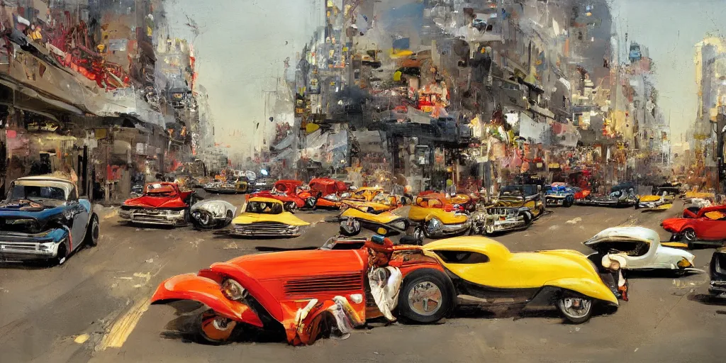 Image similar to hotrods driving down a street , vintage, highly detailed, 4K, by John Berkey