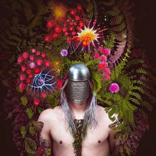 Image similar to a male knight, stern face, clear eyes, shining armour made of steel and flowers, and fractal flowery hair in a fractal garden, glowing delicate flower, berries and ferns that grow in a dark fantasy forest, full frame,