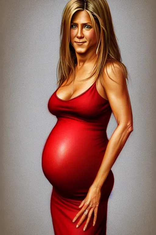 Image similar to pregnant jennifer aniston in a red dress, realistic portrait, symmetrical, highly detailed, digital painting, artstation, concept art, smooth, sharp focus, illustration, cinematic lighting, art by artgerm and greg rutkowski and alphonse mucha