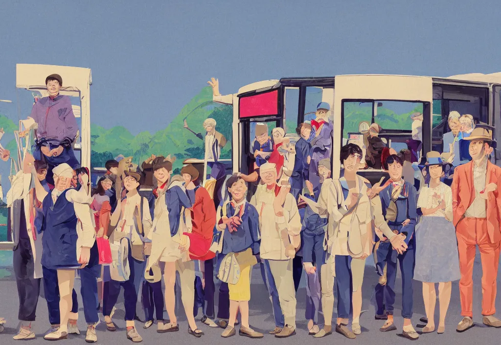 Prompt: full body portrait of a group, a row of a several european tourists getting off a tour bus, standing with a variety of poses and props, several character designs, sightseeing in rural japan, a detailed painting, in the style of wes anderson, lola dupre, david hockney, isolated on negative white space background dark monochrome neon spraypaint accents volumetric octane render