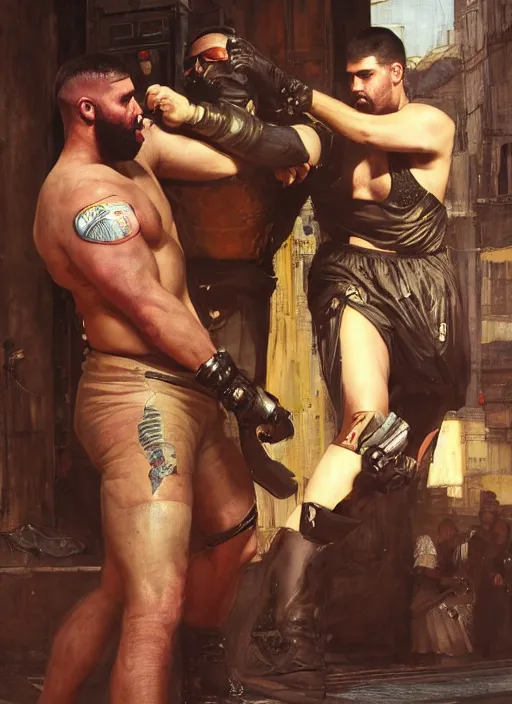 Image similar to big mike. cyberpunk meathead getting punched. (Cyberpunk 2077, bladerunner 2049). Iranian orientalist portrait by john william waterhouse and Edwin Longsden Long and Theodore Ralli and Nasreddine Dinet, oil on canvas. Cinematic, hyper realism, realistic proportions, dramatic lighting, high detail 4k