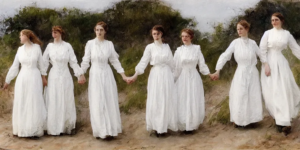 Image similar to five young edwardian women wearing white dresses on a beach in Sweden, two of them are holding hands, in the style of Anders Zorn