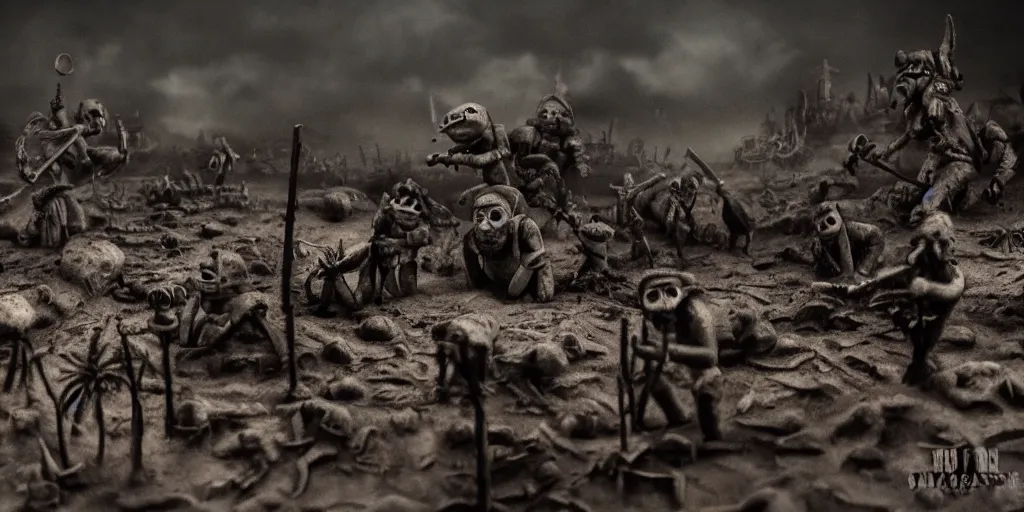 Image similar to the war between worlds extremely detailed claymation art, dark, moody, foggy